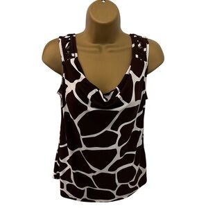 Y2K George Giraffe Print Cowl Neck Top Lace-Up Shoulder Brown White S
